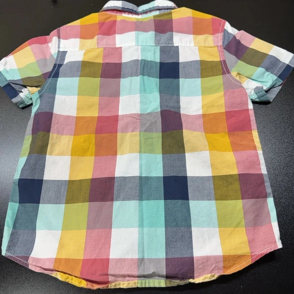 Gymboree Boys Rock Yellow‎ Blue Magenta Checkered Shirt Size S 5/6 Short Sleeve